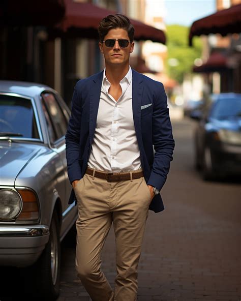 navy blue jacket with khaki pants